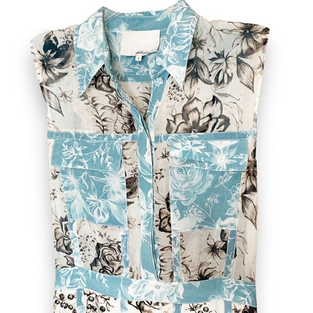 3.1 Phillip Lim Floral Silk Shirt Dress Blue Cream Grommet Collared Women’s Sz 2 - Picture 8 of 16